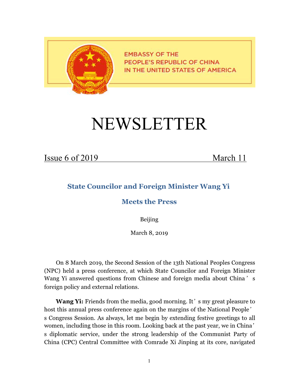 NEWSLETTER Issue VI of 2019--State Councilor and Foreign