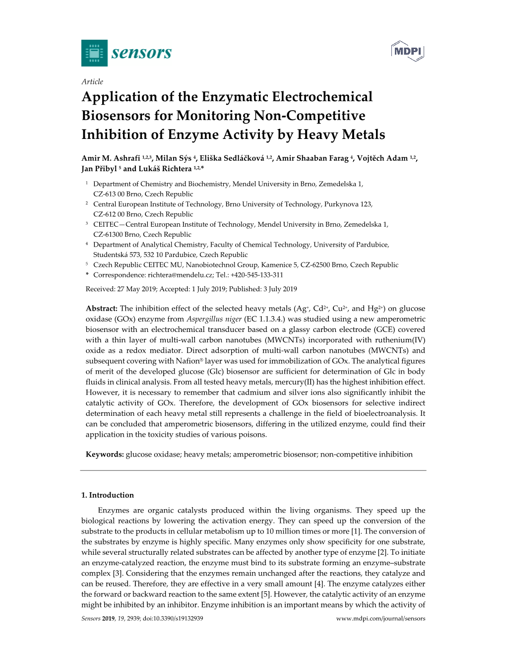 Application of the Enzymatic Electrochemical Biosensors for Monitoring Non-Competitive Inhibition of Enzyme Activity by Heavy Metals