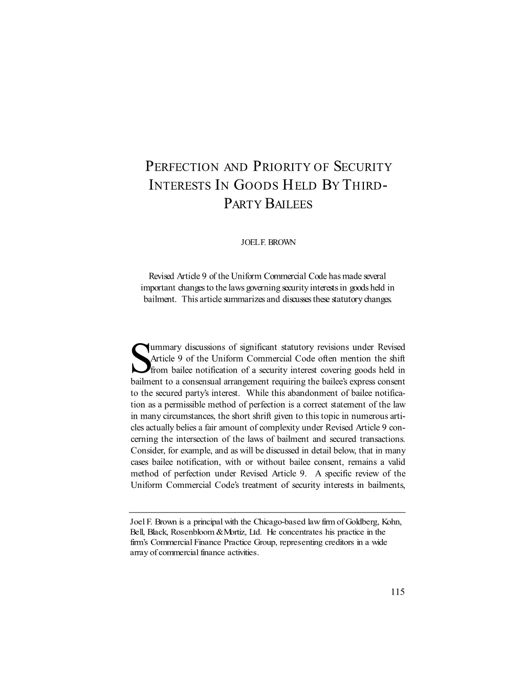 Perfection and Priority of Security Interests in Goods Held by Third- Party Bailees