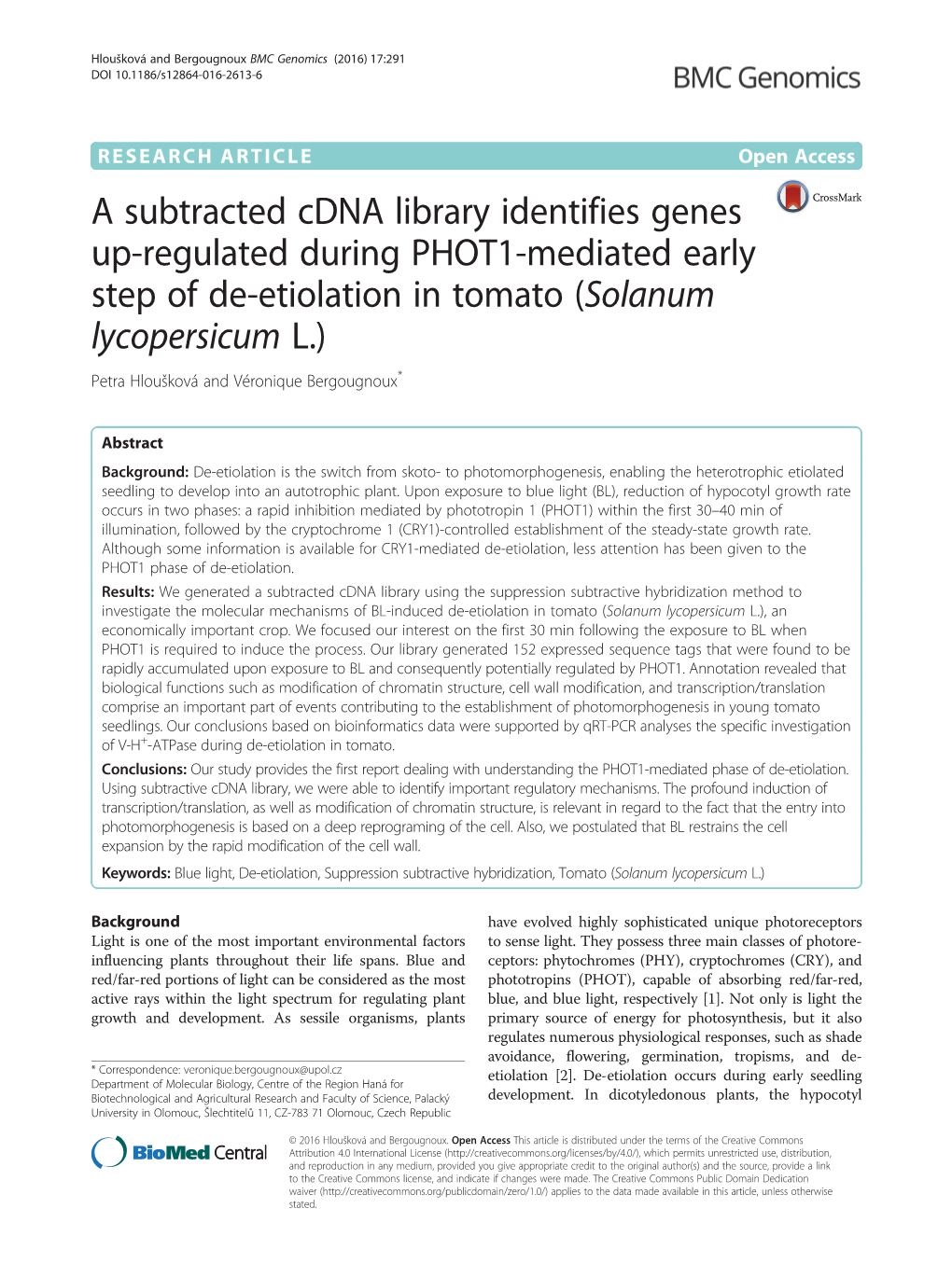 A Subtracted Cdna Library Identifies Genes Up-Regulated During PHOT1