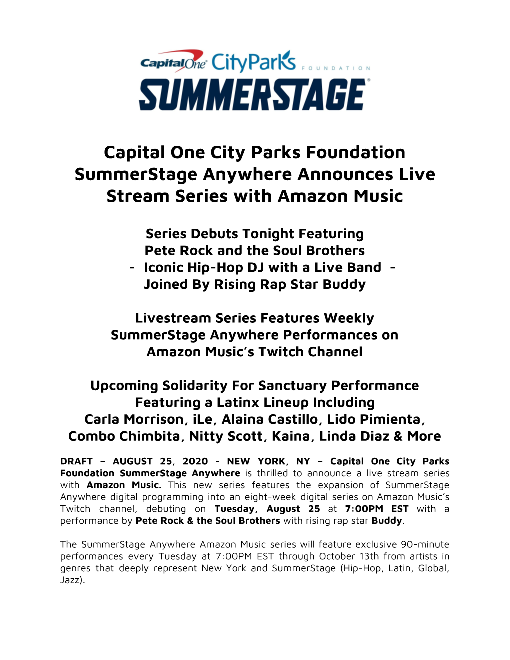 Capital One City Parks Foundation Summerstage Anywhere Announces Live Stream Series with Amazon Music