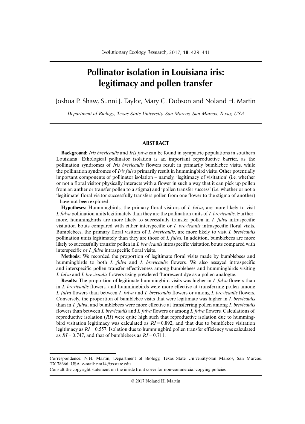 Pollinator Isolation in Louisiana Iris: Legitimacy and Pollen Transfer