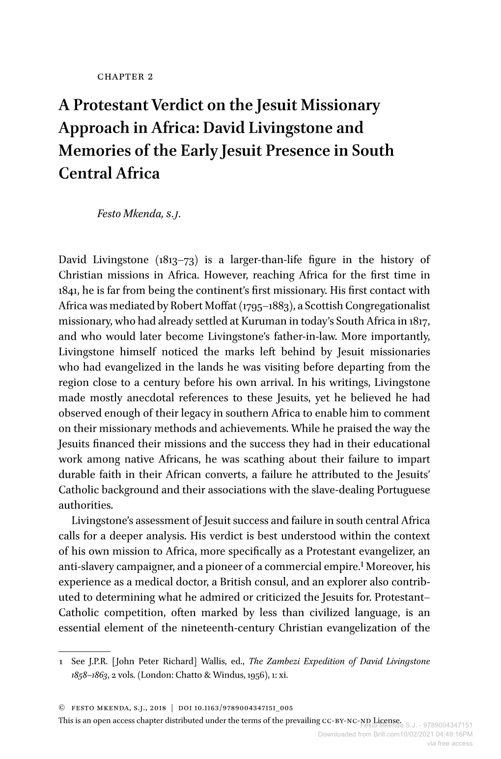 A Protestant Verdict on the Jesuit Missionary Approach in Africa: David Livingstone and Memories of the Early Jesuit Presence in South Central Africa