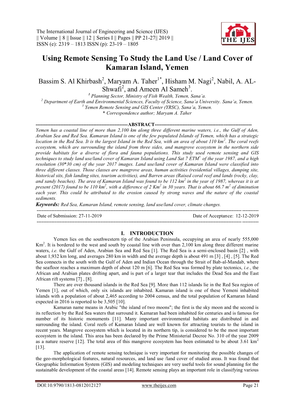 Using Remote Sensing to Study the Land Use / Land Cover of Kamaran Island, Yemen