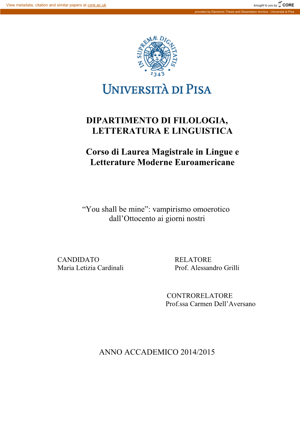 Dipartimento Di Filologia, Letteratura E Linguistica