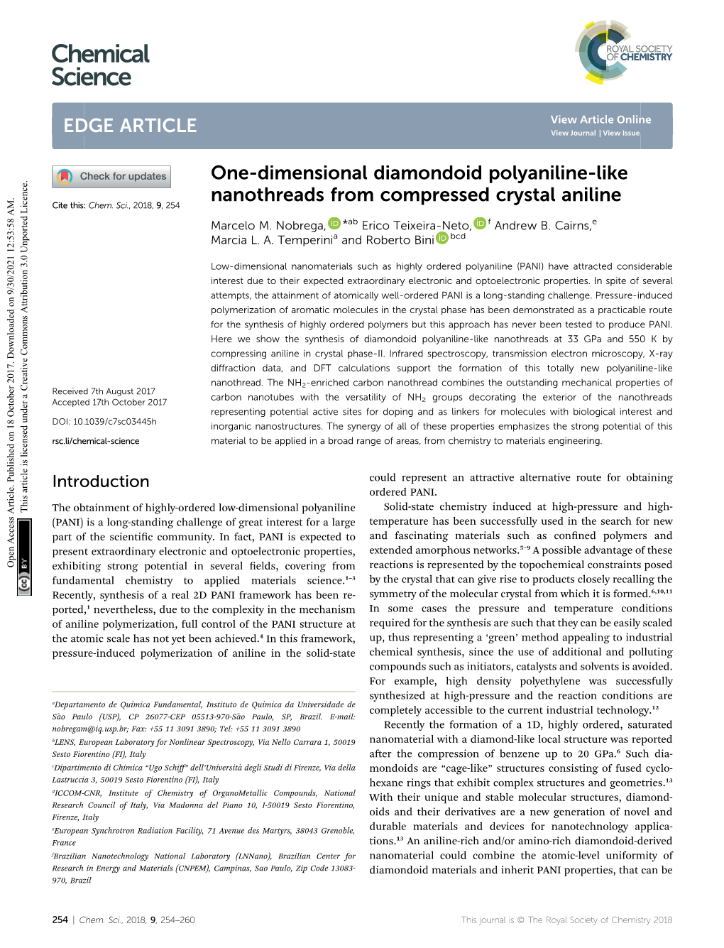 One-Dimensional Diamondoid Polyaniline-Like Nanothreads from Compressed Crystal Aniline Cite This: Chem