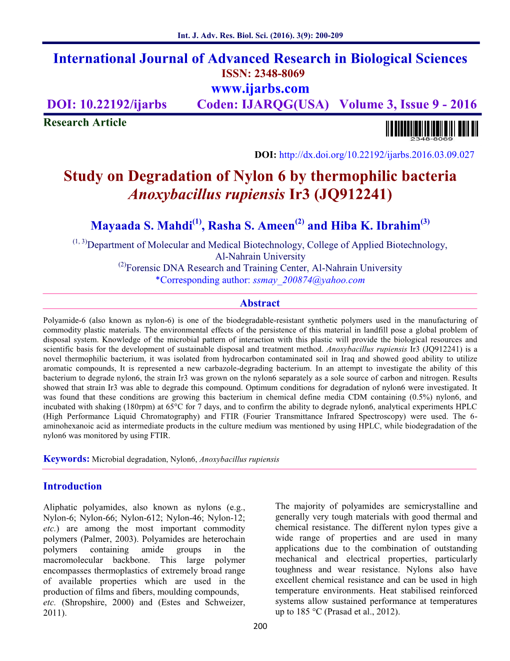 Study on Degradation of Nylon 6 by Thermophilic Bacteria Anoxybacillus Rupiensis Ir3 (JQ912241)