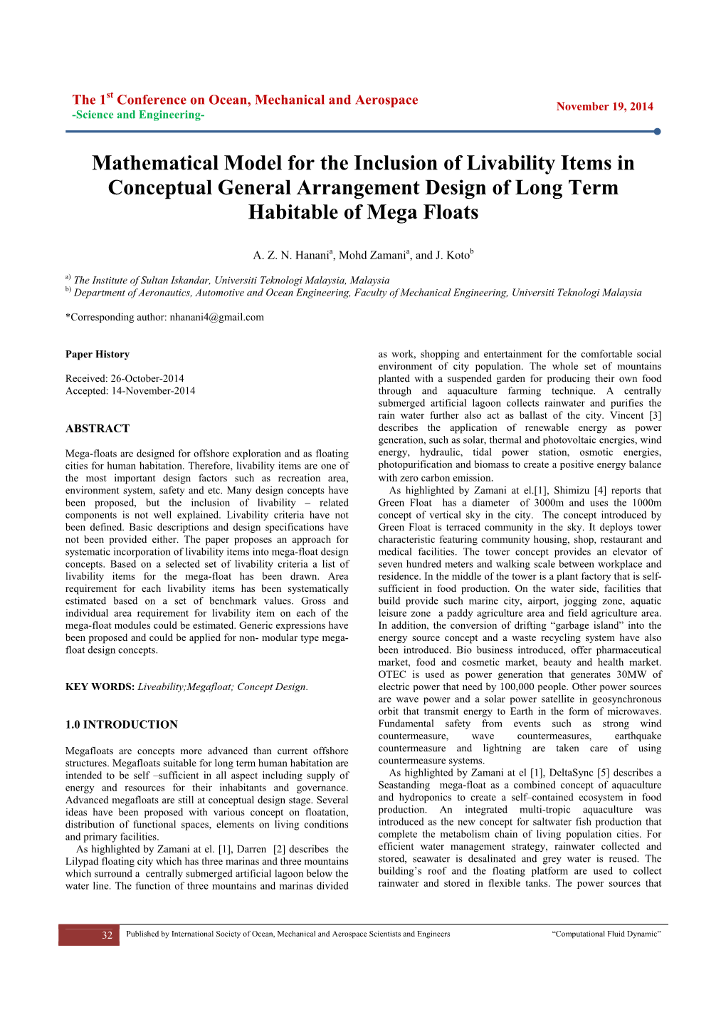 Mathematical Model for the Inclusion of Livability Items in Conceptual General Arrangement Design of Long Term Habitable of Mega Floats