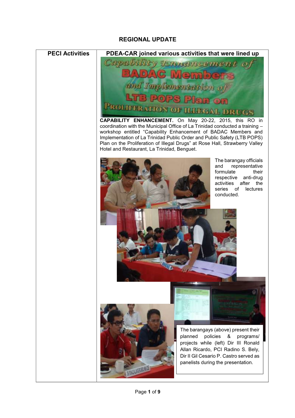 REGIONAL UPDATE PECI Activities PDEA-CAR Joined Various Activities