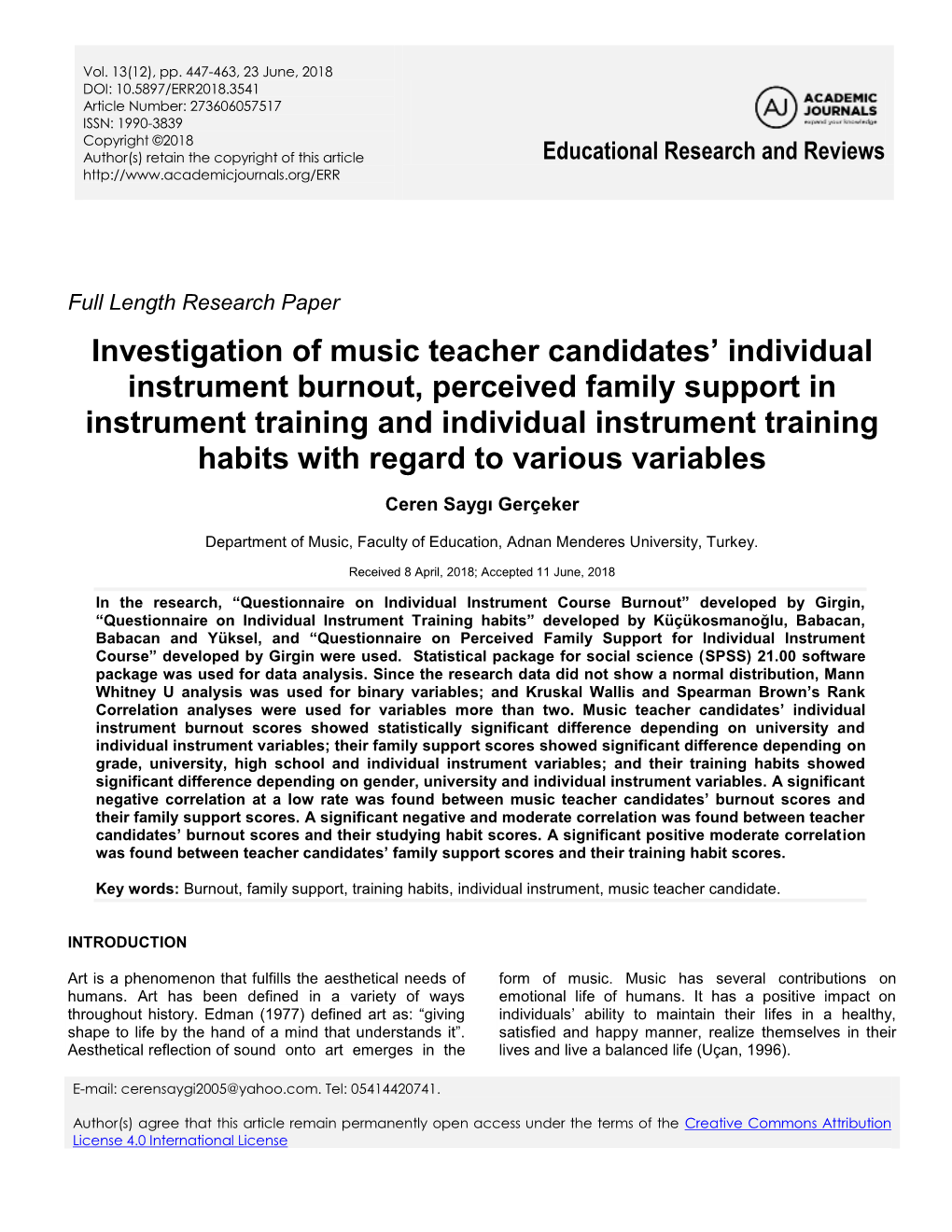 Investigation of Music Teacher Candidates' Individual Instrument Burnout, Perceived Family Support in Instrument Training