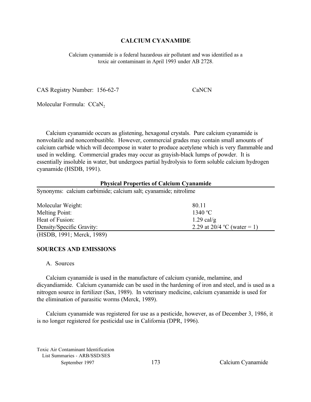 1997-11-12 Calcium Cyanamide As Federal Hazardous Air Pollutant