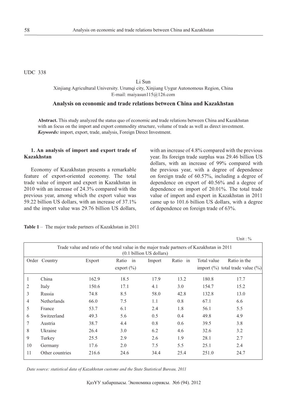 Analysis on Economic and Trade Relations Between China and Kazakhstan