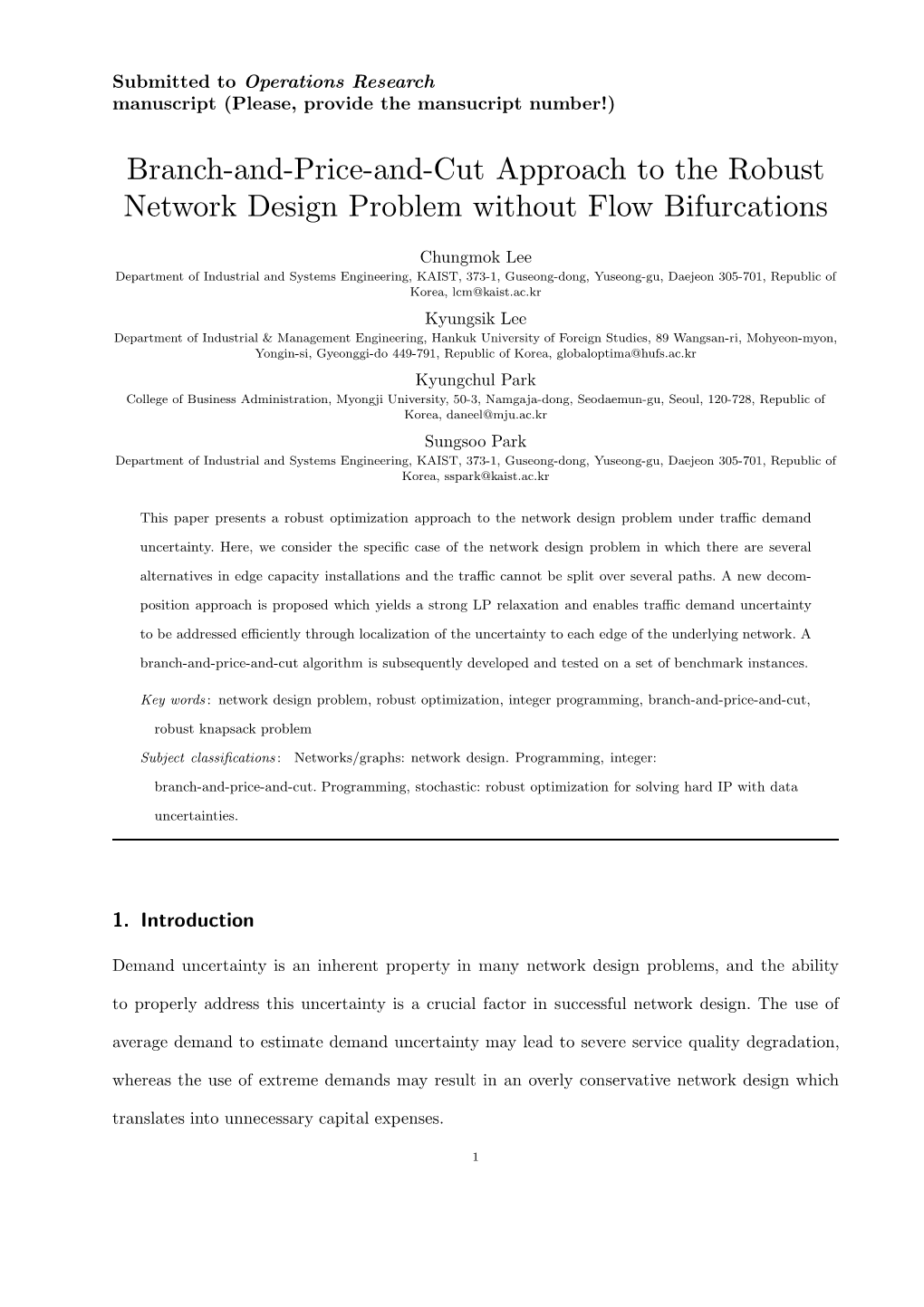 Branch-And-Price-And-Cut Approach to the Robust Network Design Problem Without Flow Bifurcations