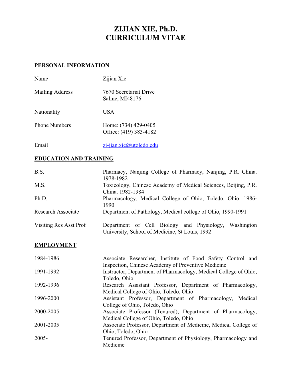 ZIJIAN XIE, Ph.D. CURRICULUM VITAE