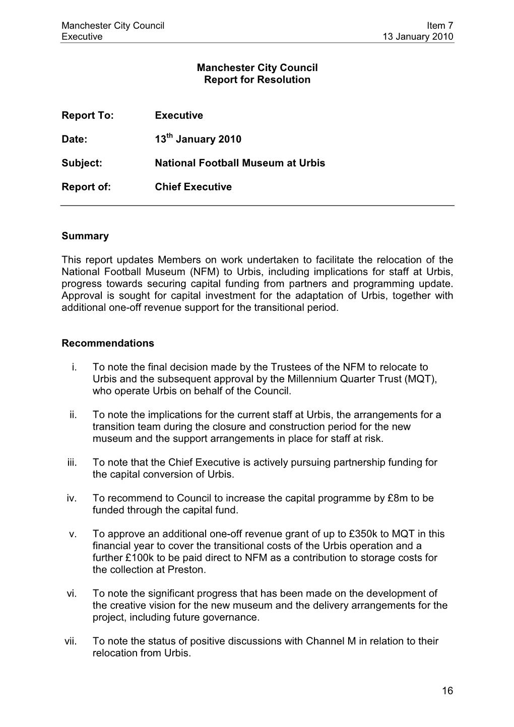 National Football Museum Report to the Executive on 13 January 2010
