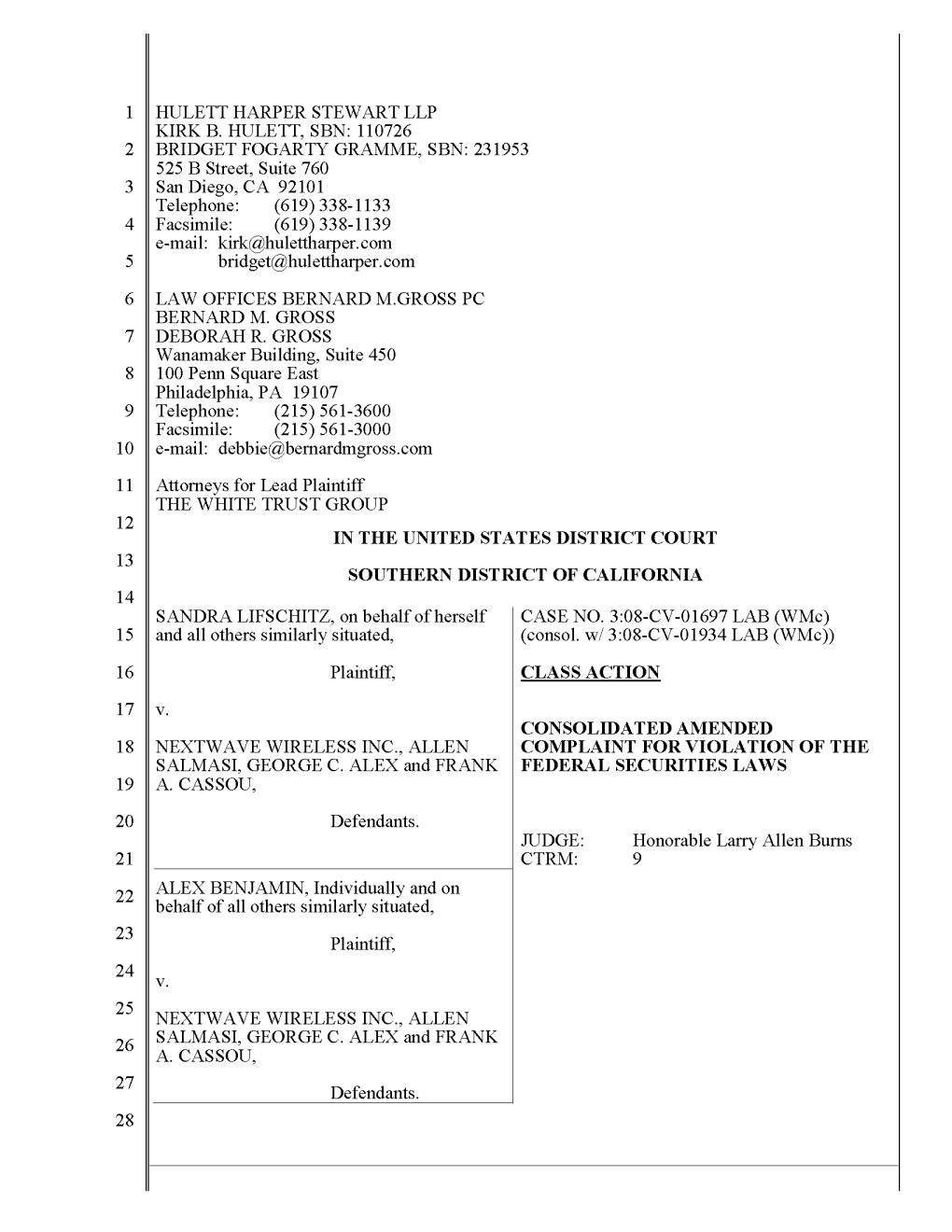 Sandra Lifschitz, Et Al. V. Nextwave Wireless, Inc., Et Al. 08-CV-01697