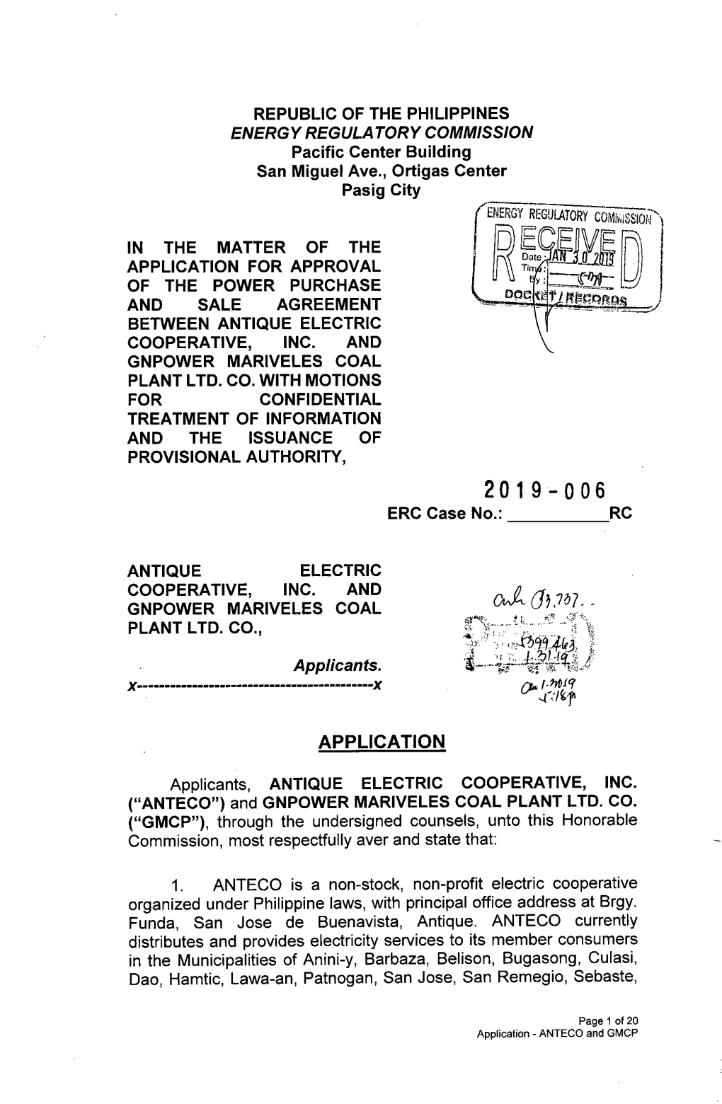 ~A Yol Application for Approval of the Power Purchase and Sale Agreement Between Antique Electric Cooperative, Inc