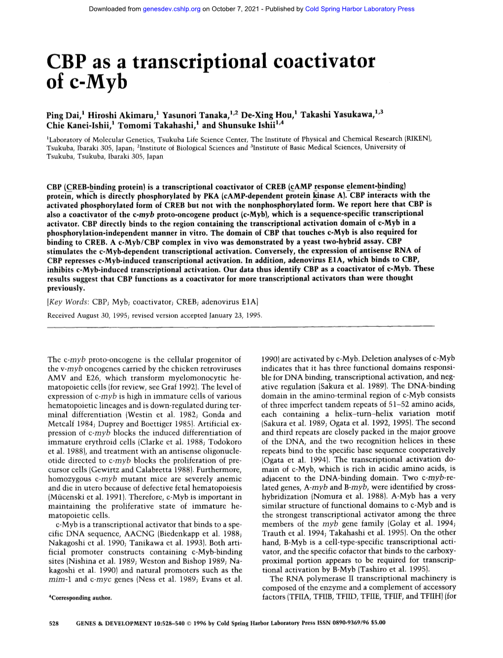 CBP As a Transcriptional Coactivator of C-Myb