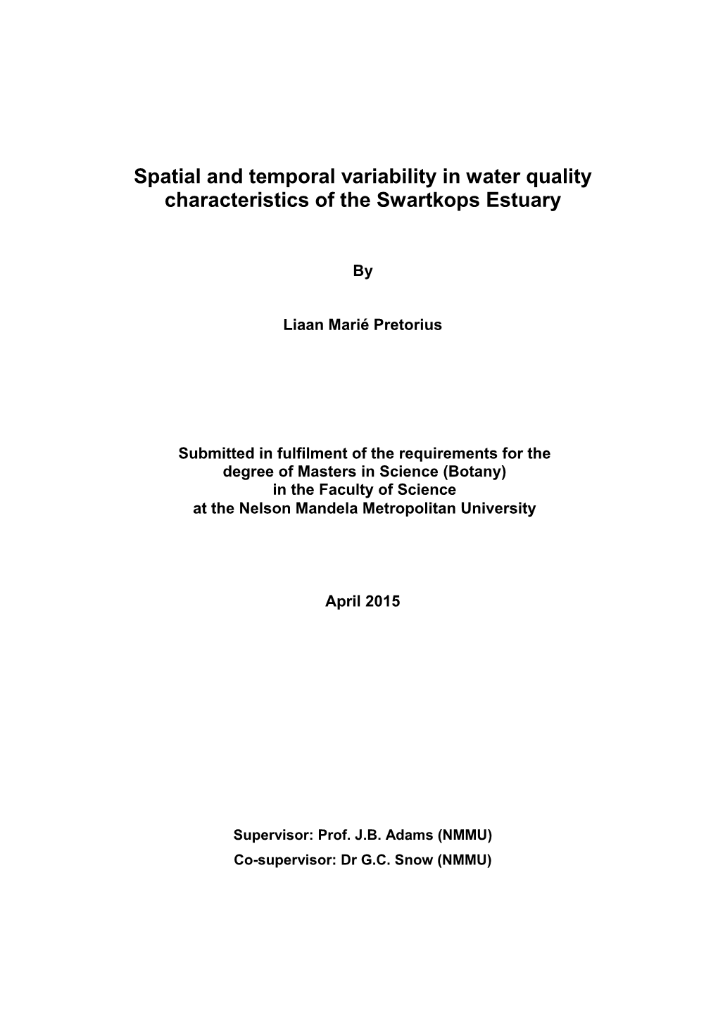 Spatial and Temporal Variability in Water Quality Characteristics of the Swartkops Estuary