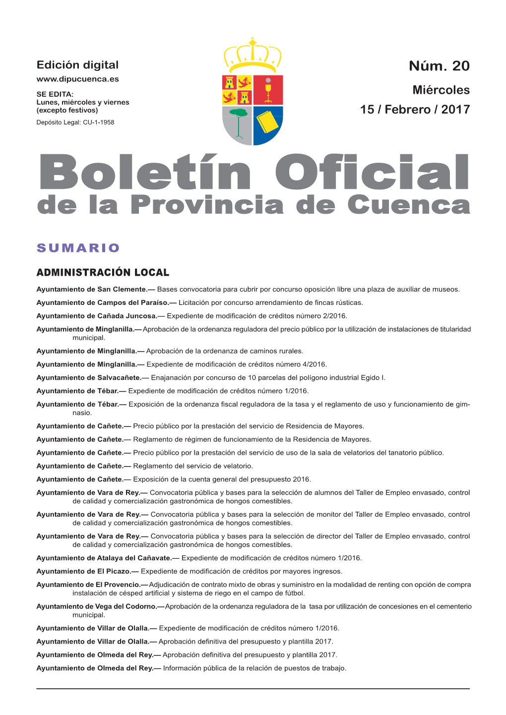 Boletín Oficial De La Provincia De Cuenca Sumario Administración Local