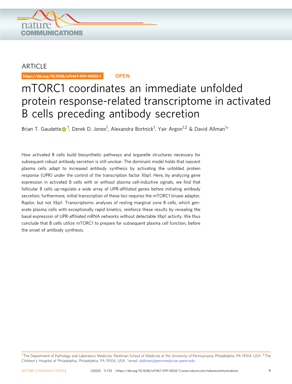 Mtorc1 Coordinates an Immediate Unfolded Protein Response-Related Transcriptome in Activated B Cells Preceding Antibody Secretion