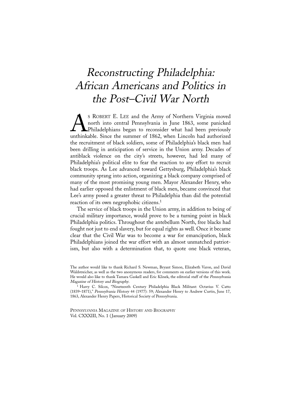 Reconstructing Philadelphia: African Americans and Politics in the Post–Civil War North