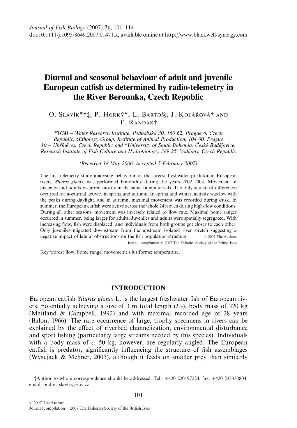 Diurnal and Seasonal Behaviour of Adult and Juvenile European Catfish