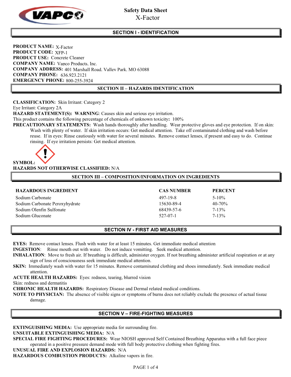 Safety Data Sheet X Factor