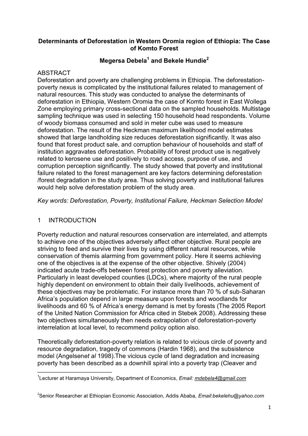 Determinants of Deforestation in Western Oromia Region of Ethiopia