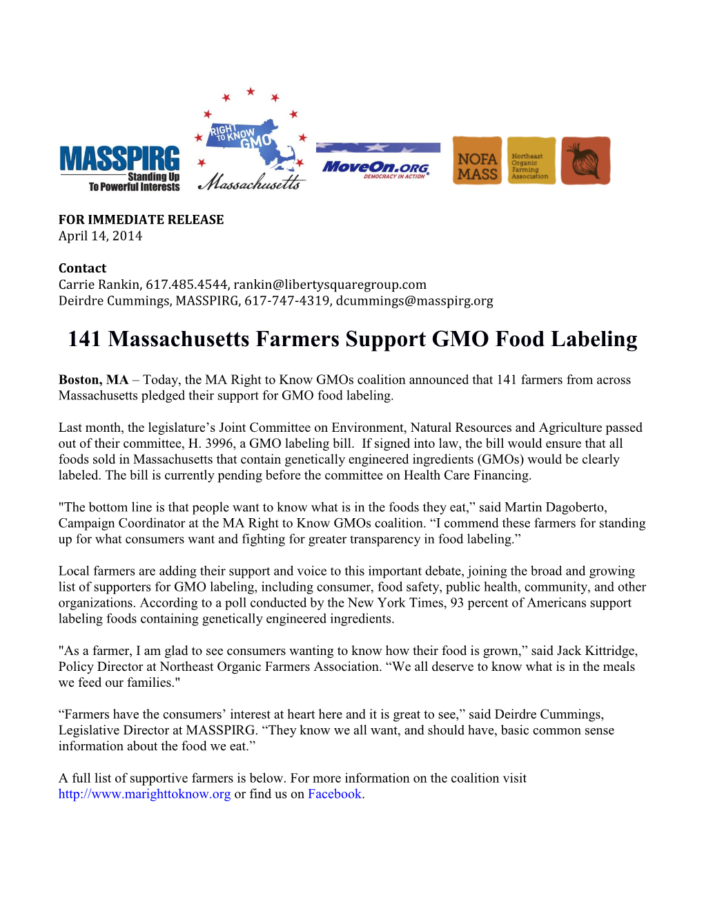 141 Massachusetts Farmers Support GMO Food Labeling