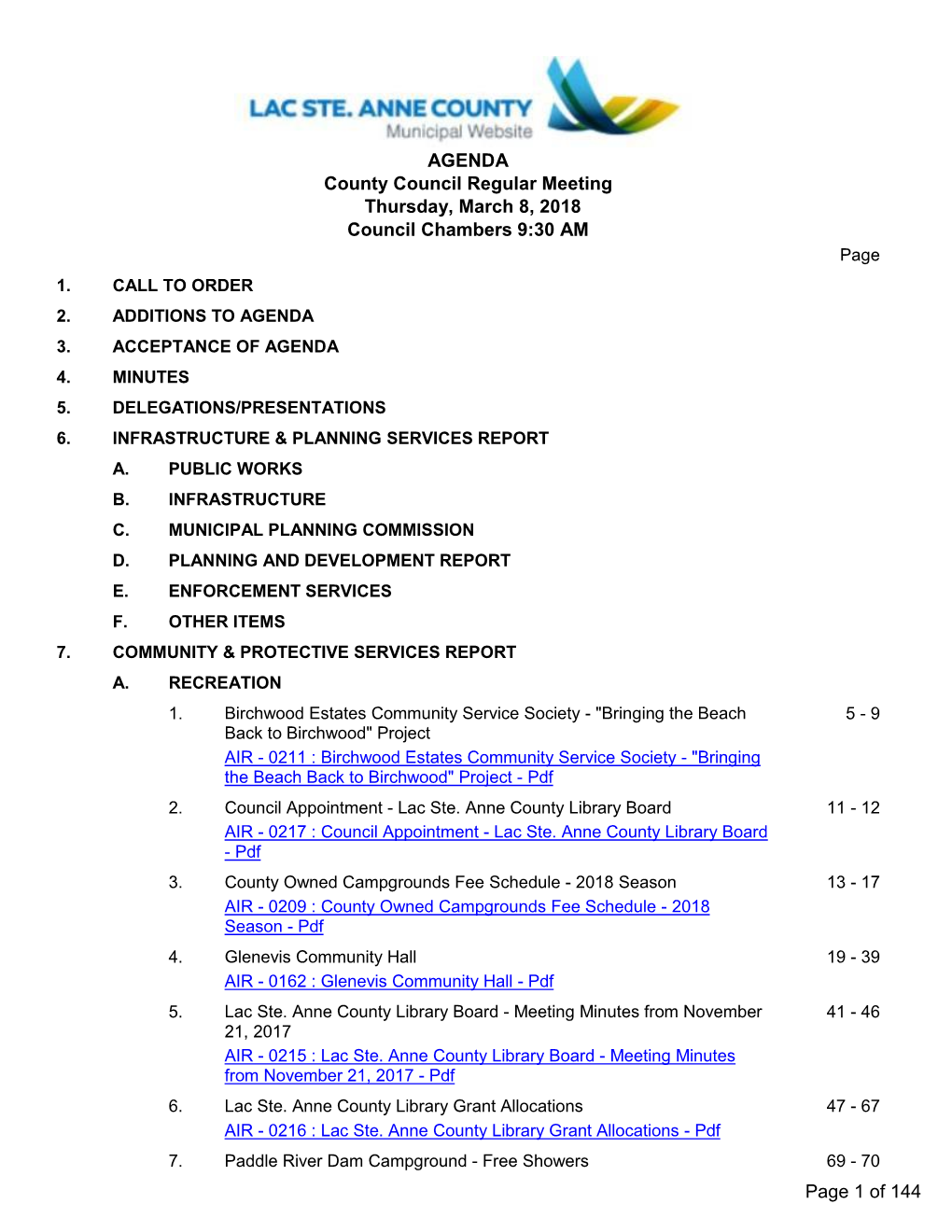 County Council Regular Meeting Thursday, March 8, 2018 Council Chambers 9:30 AM Page