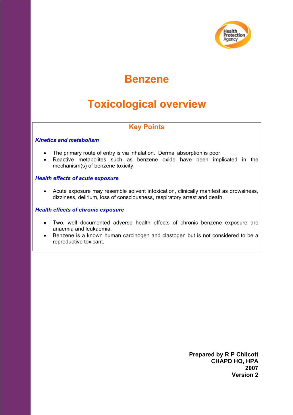 Benzene Toxicological Overview