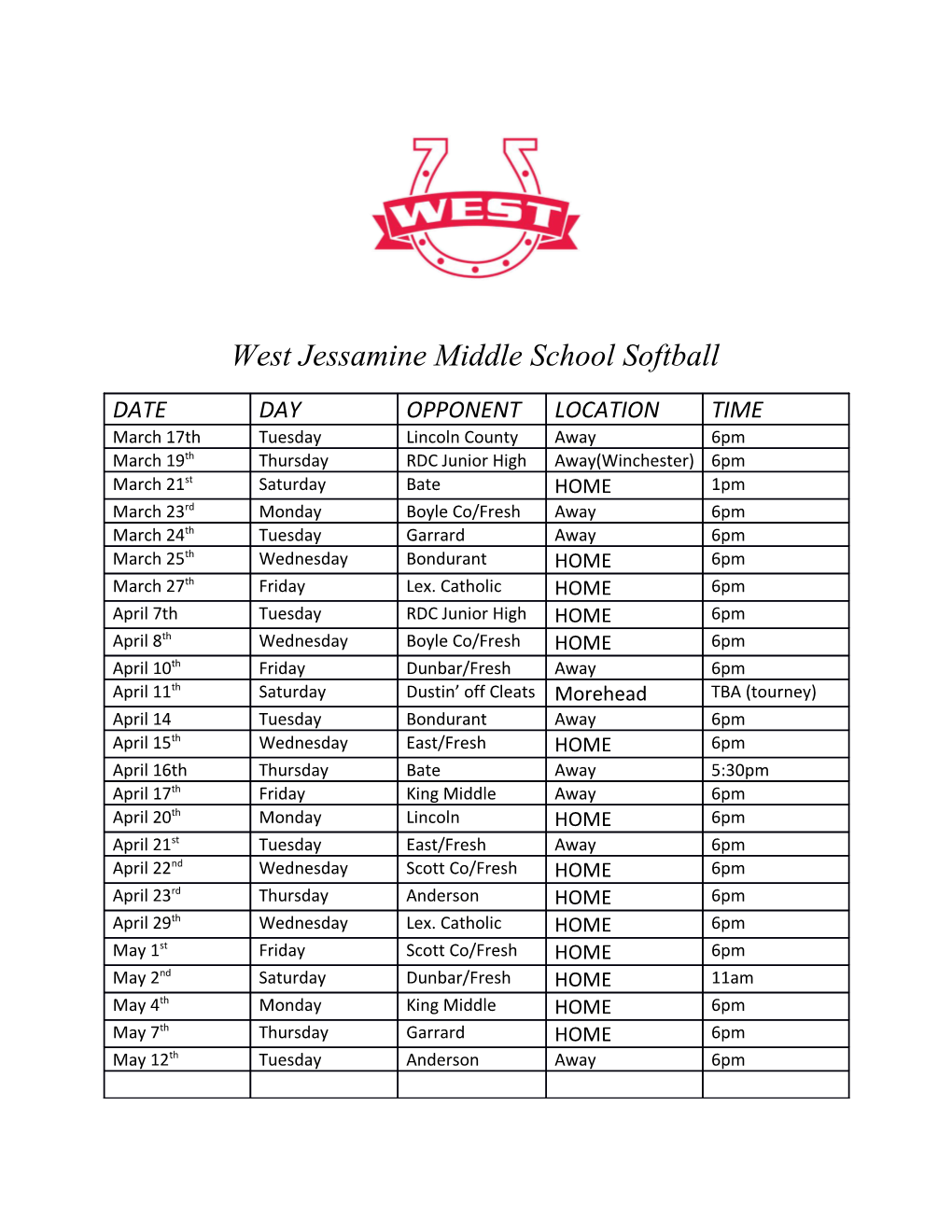 West Jessamine Middle School Softball