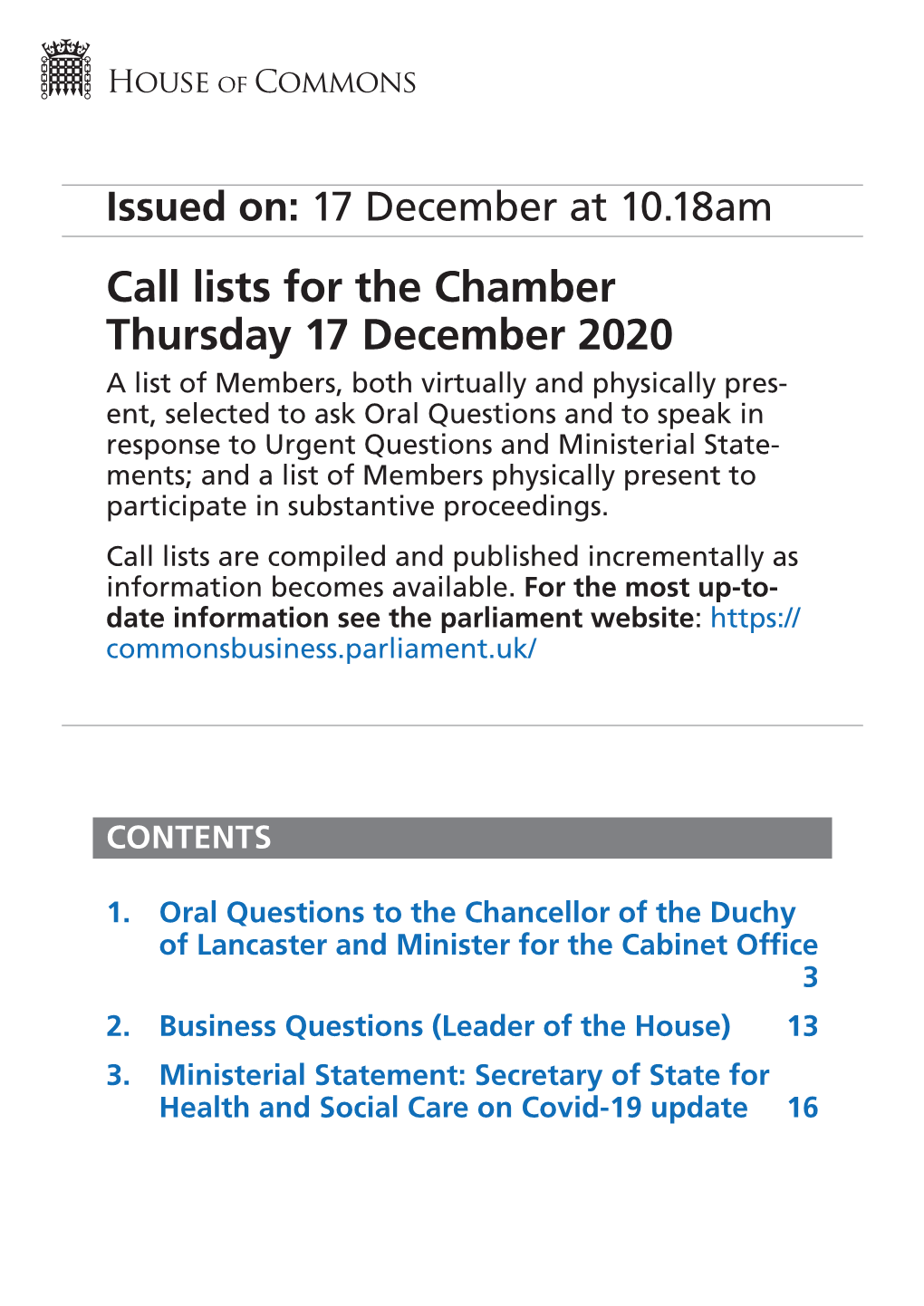 Ministerial Statement: Secretary of State for Health and Social Care on Covid-19 Update 16 2 Thursday 17 December 2020