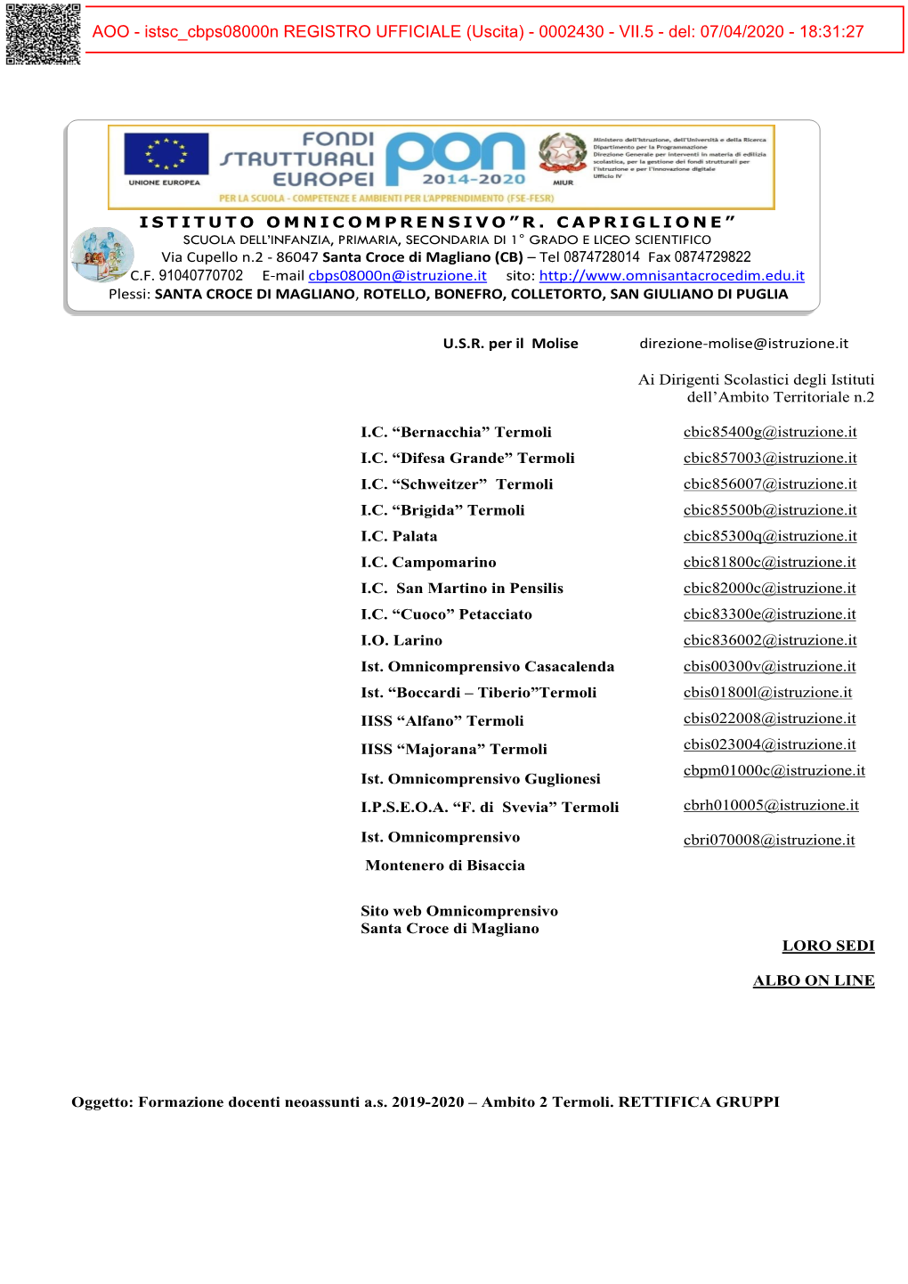 AOO - Istsc Cbps08000n REGISTRO UFFICIALE (Uscita) - 0002430 - VII.5 - Del: 07/04/2020 - 18:31:27