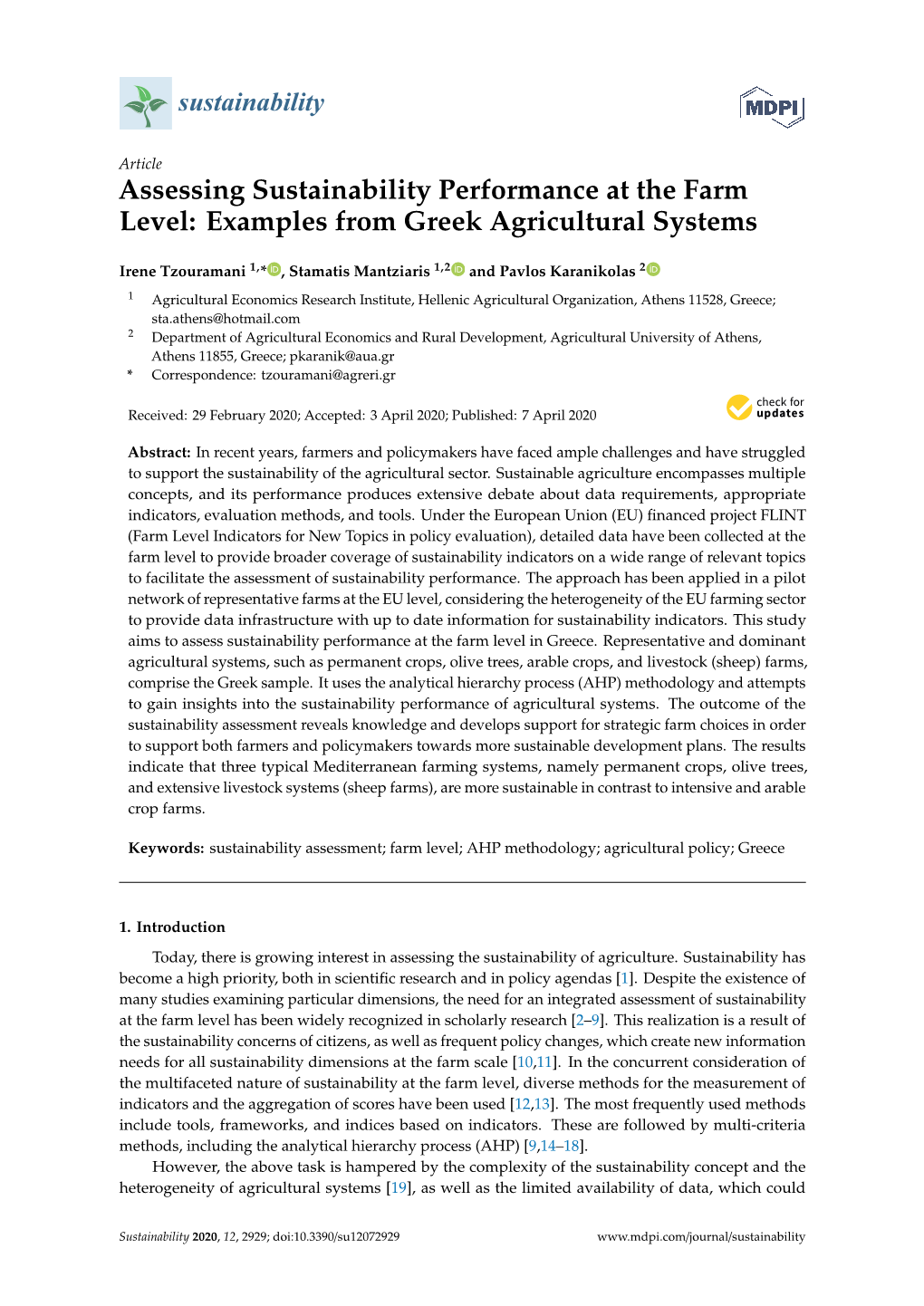 Assessing Sustainability Performance at the Farm Level: Examples from Greek Agricultural Systems