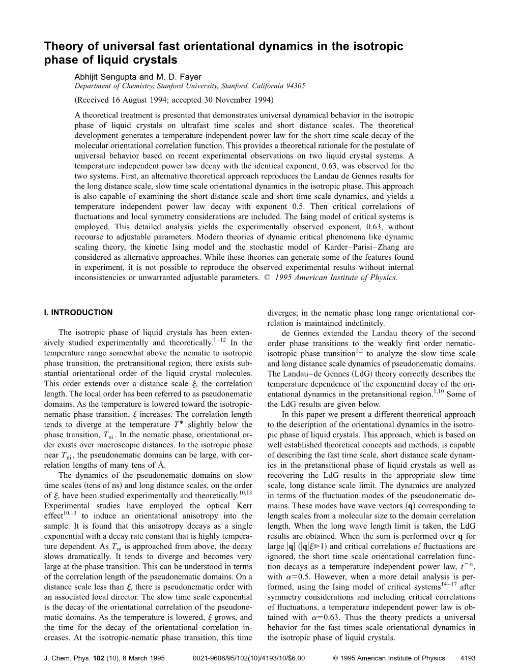 Theory of Universal Fast Orientational Dynamics in the Isotropic Phase of Liquid Crystals Abhijit Sengupta and M