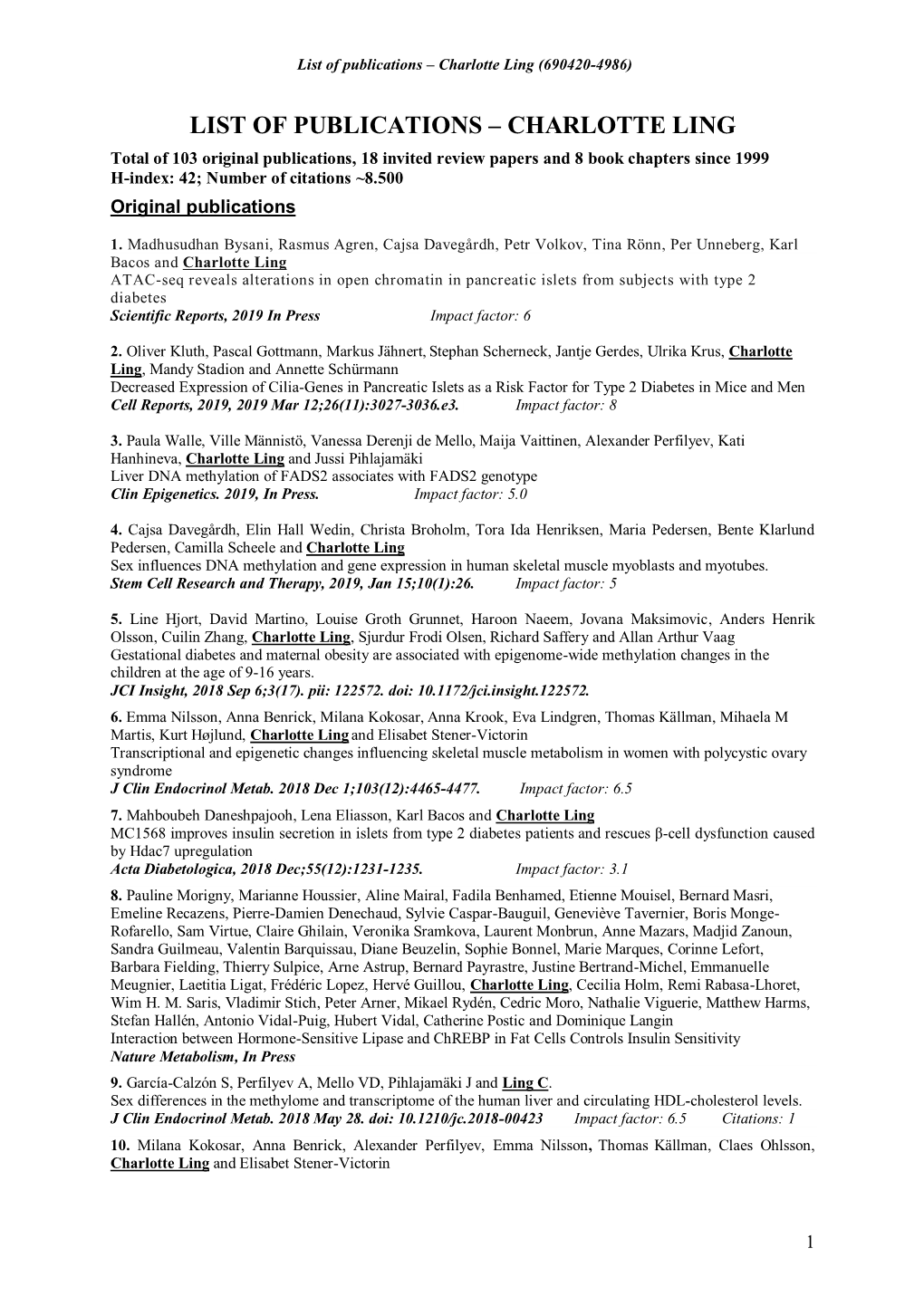 List of Publications – Charlotte Ling (690420-4986)