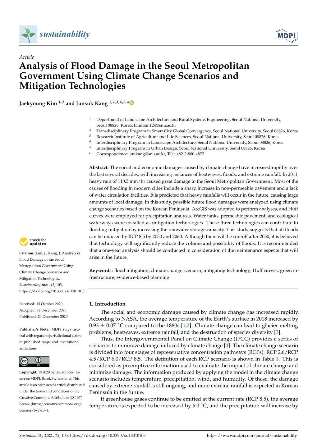 Analysis of Flood Damage in the Seoul Metropolitan Government Using Climate Change Scenarios and Mitigation Technologies
