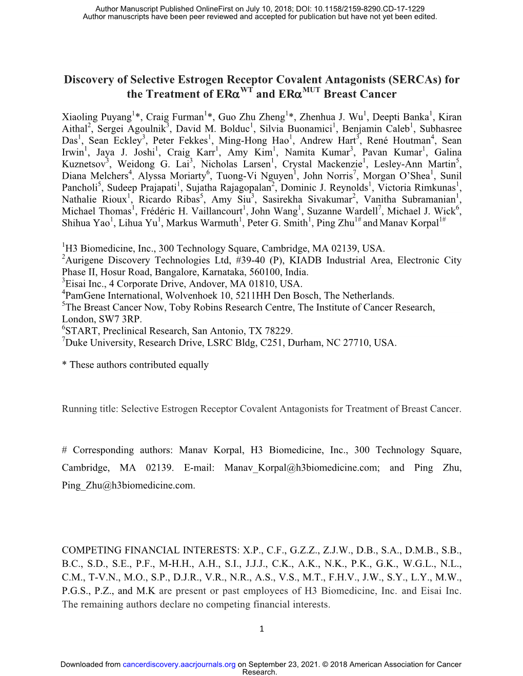 Discovery of Selective Estrogen Receptor Covalent Antagonists (Sercas) for the Treatment of Era(WT) and Era(MUT) Breast Cancer