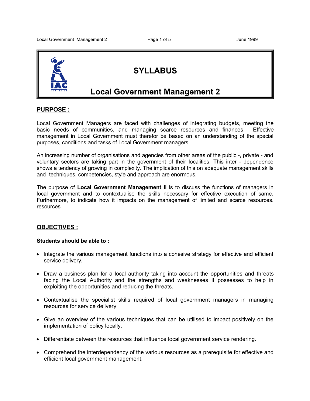 Local Government Management 2 Page 5 of 5 June 1999