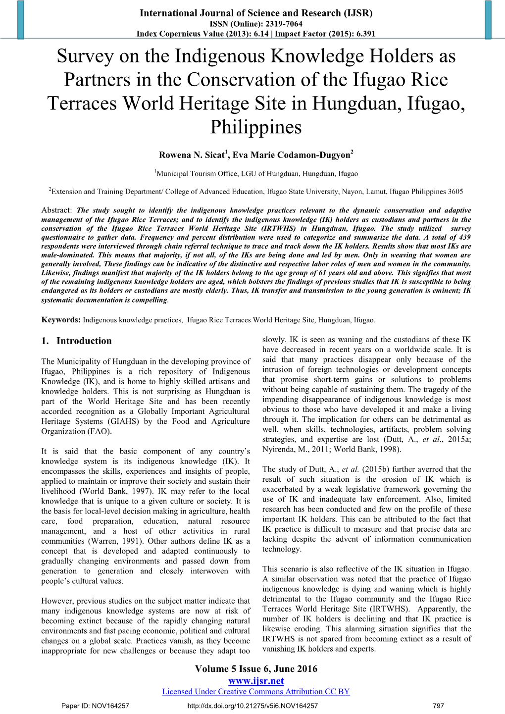Survey on the Indigenous Knowledge Holders As Partners in the Conservation of the Ifugao Rice Terraces World Heritage Site in Hungduan, Ifugao, Philippines