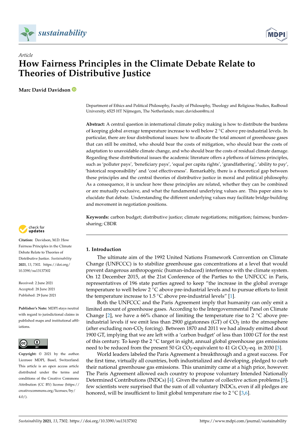 How Fairness Principles in the Climate Debate Relate to Theories of Distributive Justice