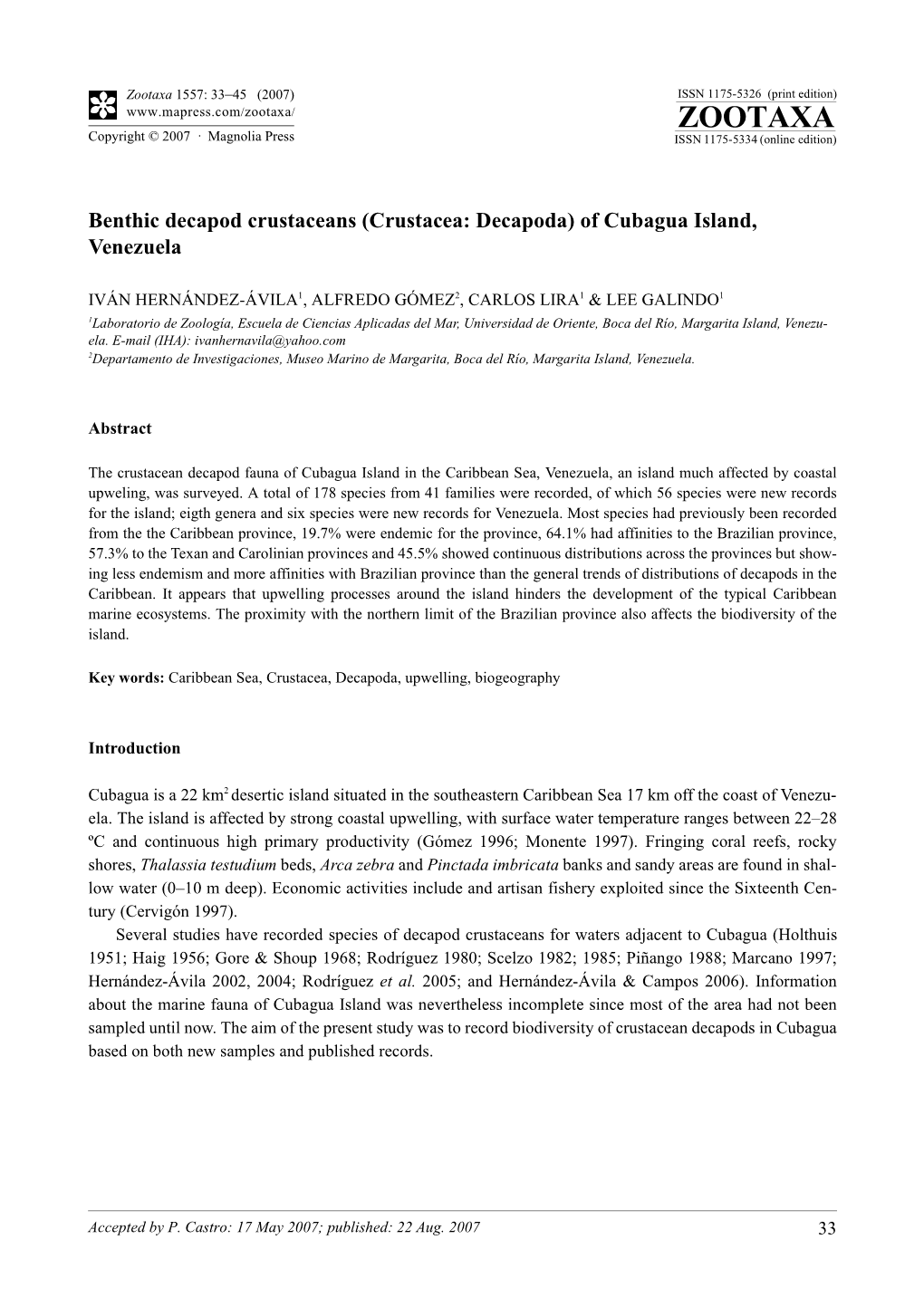 Zootaxa,Benthic Decapod Crustaceans (Crustacea: Decapoda) Of