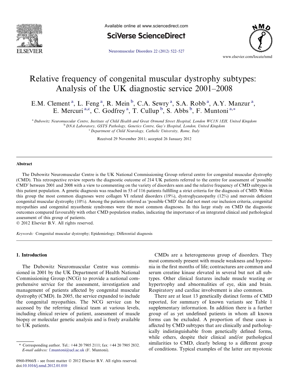 Relative Frequency of Congenital Muscular Dystrophy Subtypes: Analysis of the UK Diagnostic Service 2001–2008