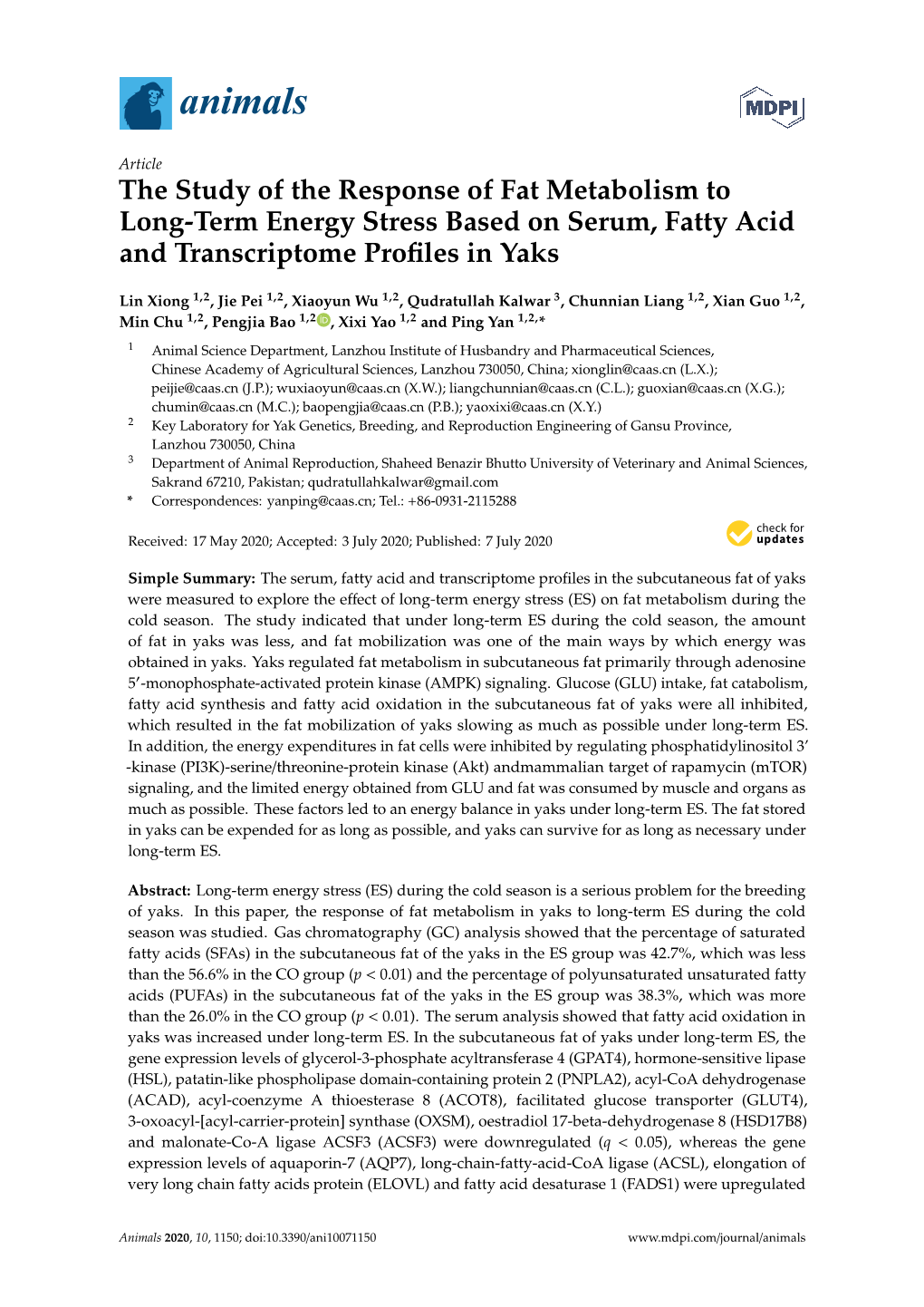 The Study of the Response of Fat Metabolism to Long-Term Energy Stress Based on Serum, Fatty Acid and Transcriptome Proﬁles in Yaks