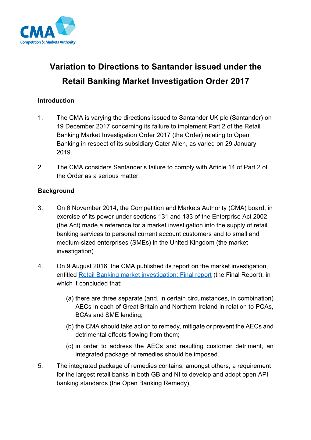 Variation to Directions to Santander Issued Under the Retail Banking Market Investigation Order 2017
