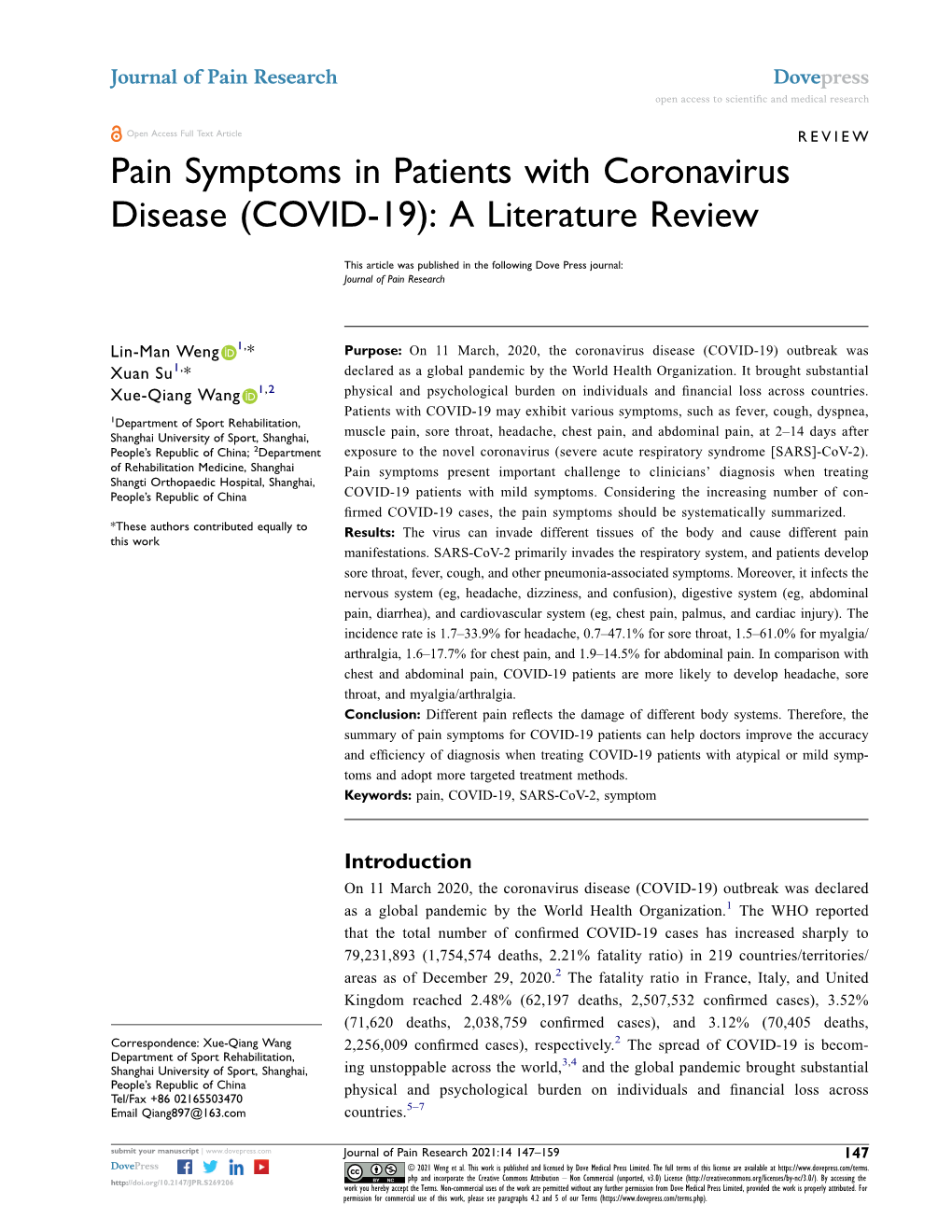 Pain Symptoms in Patients with Coronavirus Disease (COVID-19): a Literature Review