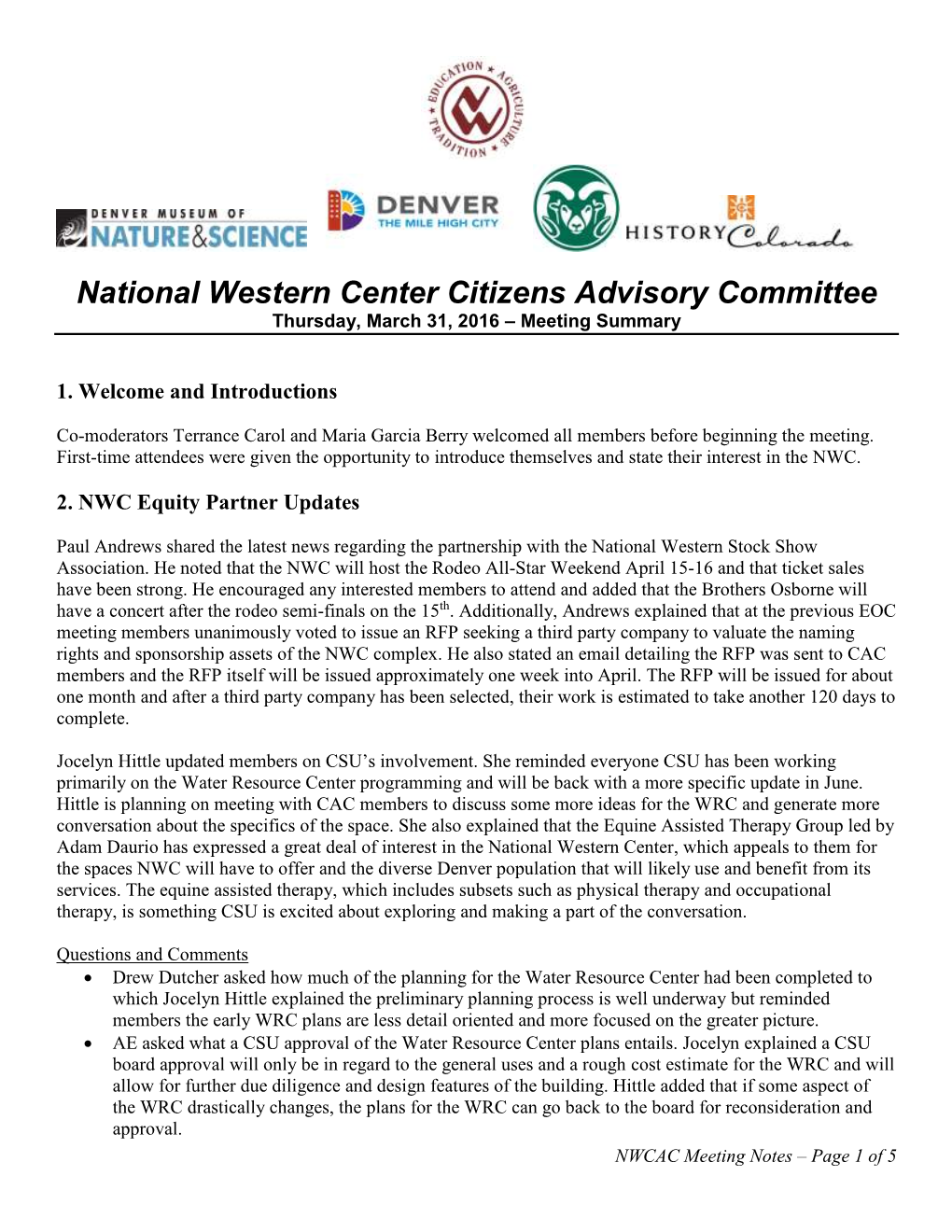 National Western Center Citizens Advisory Committee Thursday, March 31, 2016 – Meeting Summary