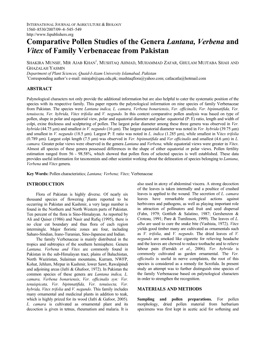 Comparative Pollen Studies of the Genera Lantana, Verbena and Vitex of Family Verbenaceae from Pakistan